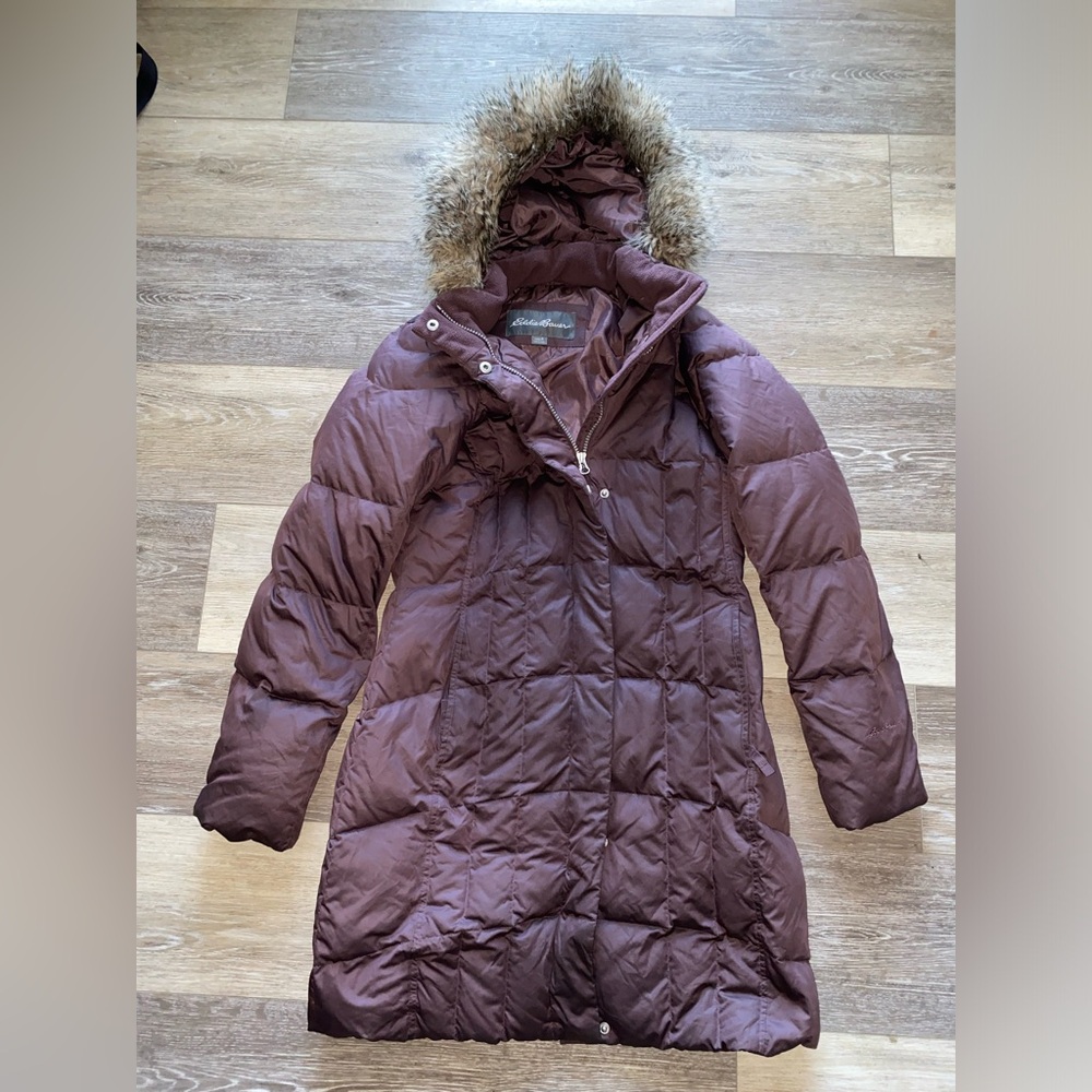 Eddie Bauer Women’s Maroon Down Coat (650 down fill) with Fur Hood